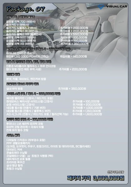 팰리세이드 신차패키지 Package 07 메뉴판 — 패키지 가격 3,000,000원
