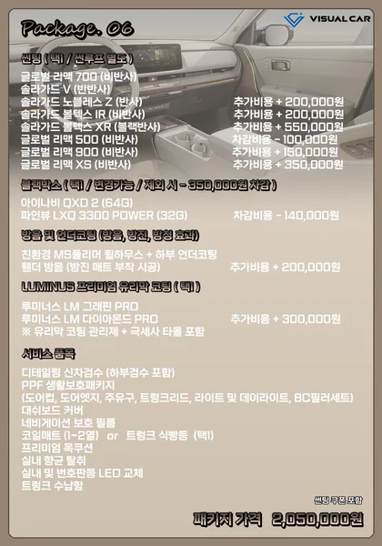 소형 · 중형 SUV 신차패키지 Package 06 메뉴판 — 패키지 가격 2,050,000원
