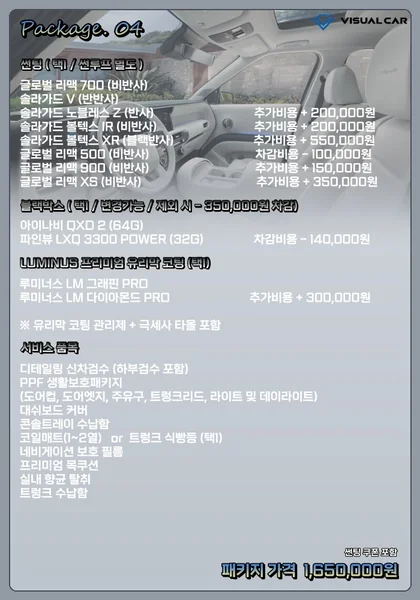 대형 SUV 신차패키지 Package 04 메뉴판 — 패키지 가격 1,650,000원