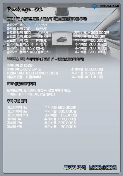 테슬라 신차패키지 Package 01 메뉴판 — 패키지 가격 1,000,000원
